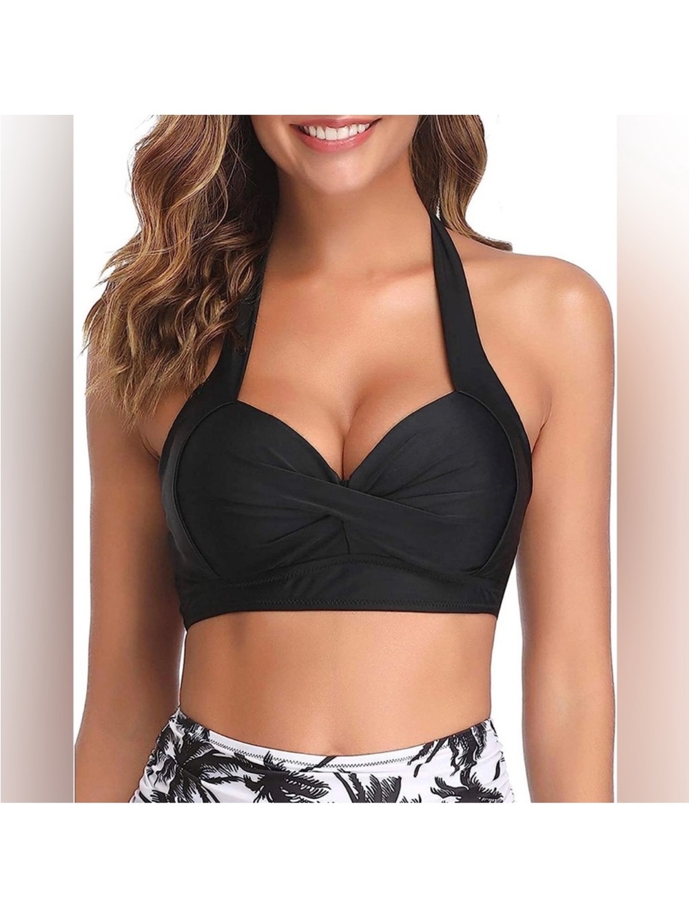 Tempt Me Black Halter Retro Swim Top Women's Supportive Bikini Top, XL, NWT
